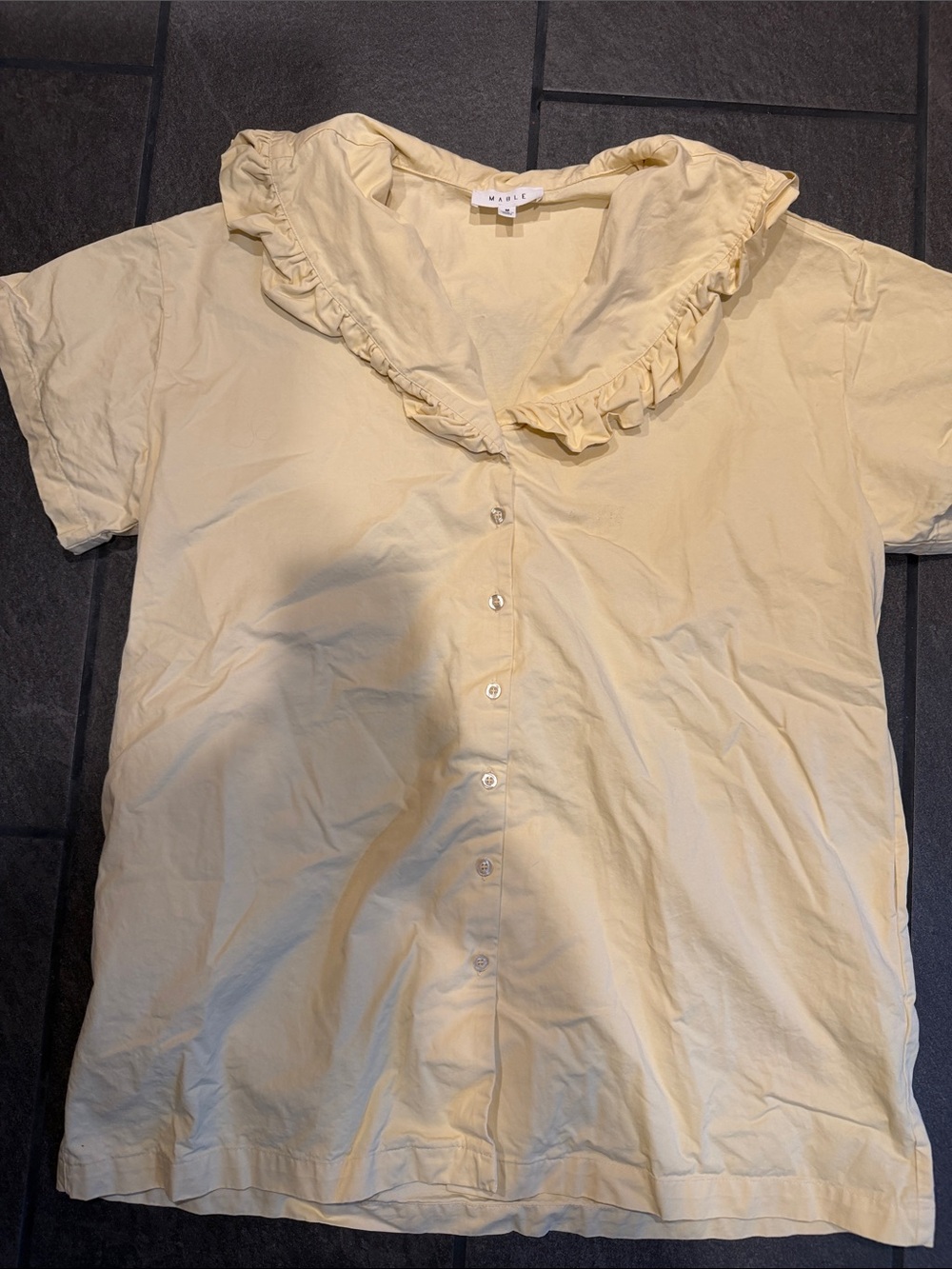 Women’s Short-Sleeve Ruffle Collar Button-Up Dress with pockets butter yellow